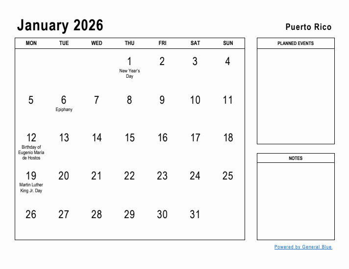 January 2026 Printable Monthly Calendar with Puerto Rico Holidays