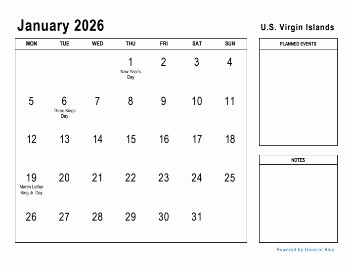 January 2026 Printable Monthly Calendar with U.S. Virgin Islands Holidays