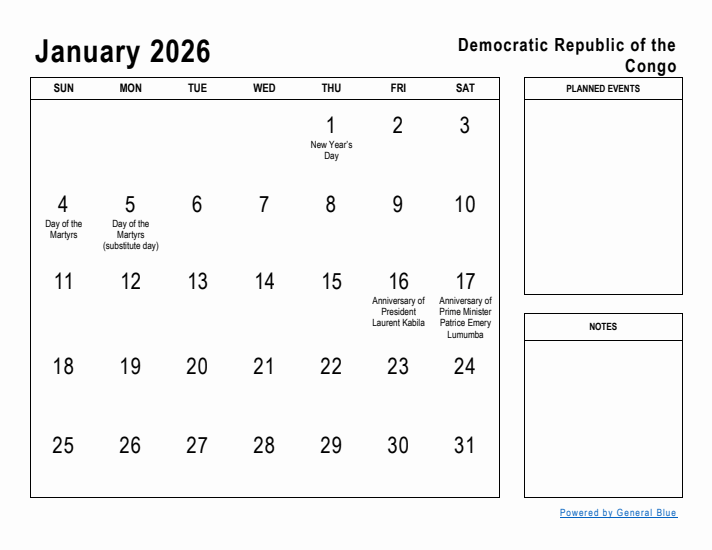 January 2026 Printable Monthly Calendar with Democratic Republic of the Congo Holidays