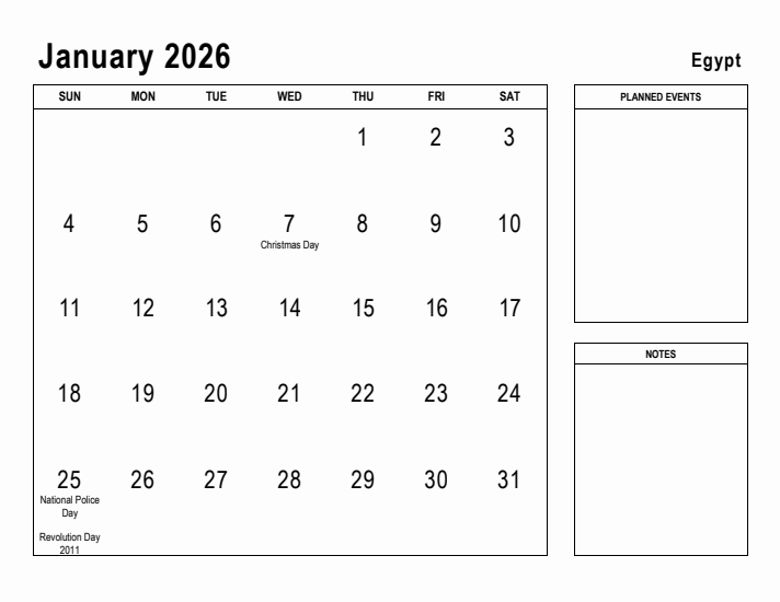 January 2026 Printable Monthly Calendar with Egypt Holidays