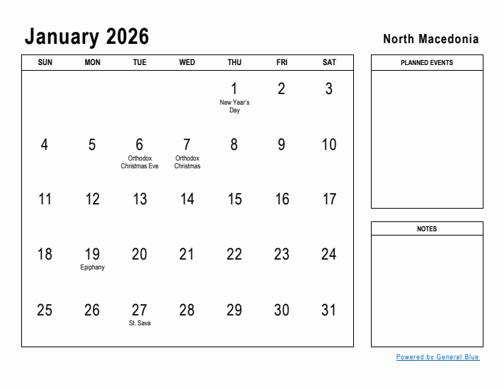 January 2026 Printable Monthly Calendar with North Macedonia Holidays