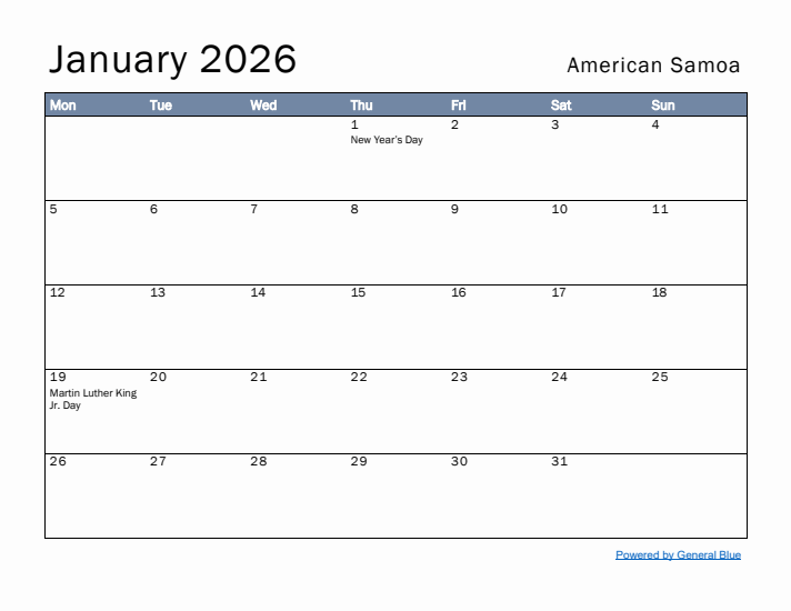 January 2026 Simple Monthly Calendar for American Samoa