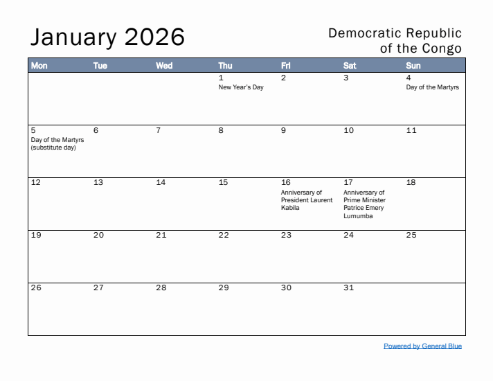 January 2026 Simple Monthly Calendar for Democratic Republic of the Congo