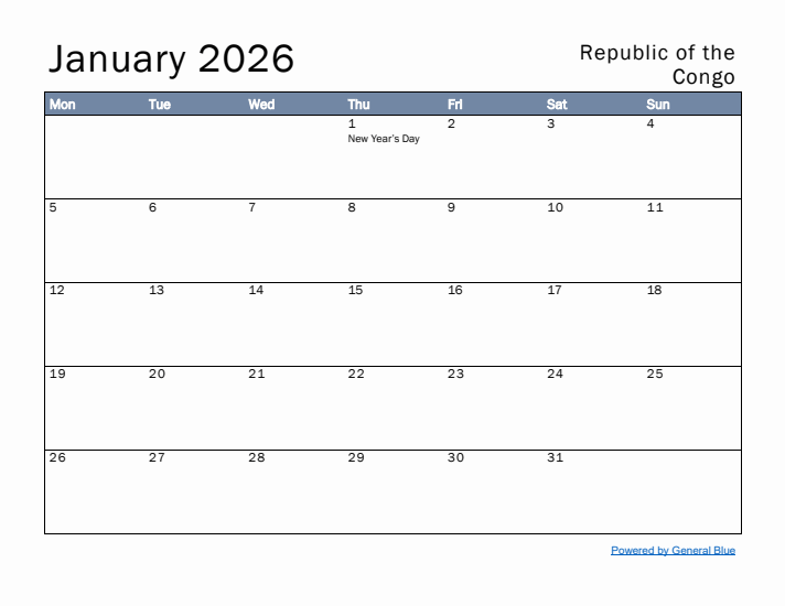 January 2026 Simple Monthly Calendar for Republic of the Congo