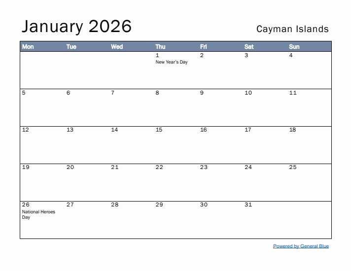 January 2026 Simple Monthly Calendar for Cayman Islands