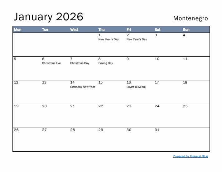 January 2026 Simple Monthly Calendar for Montenegro