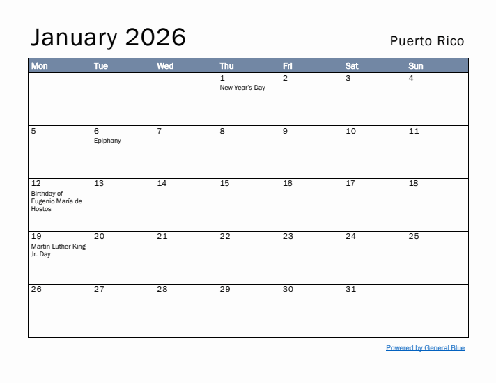 January 2026 Simple Monthly Calendar for Puerto Rico
