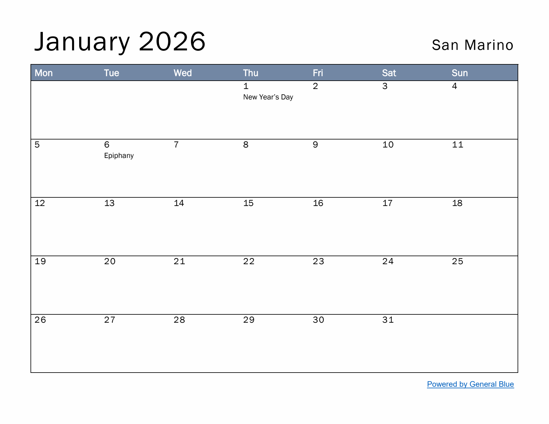January 2026 Simple Monthly Calendar for San Marino