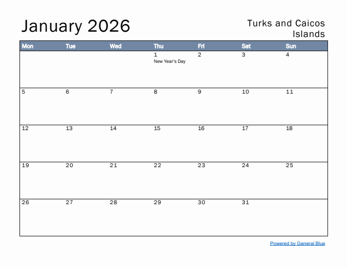 January 2026 Simple Monthly Calendar for Turks and Caicos Islands