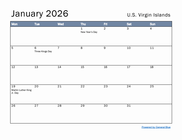 January 2026 Simple Monthly Calendar for U.S. Virgin Islands