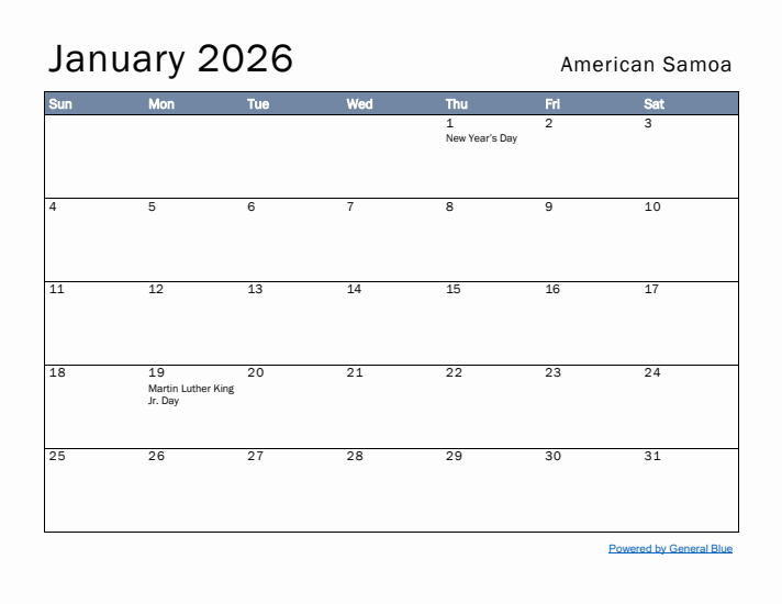 January 2026 Simple Monthly Calendar for American Samoa