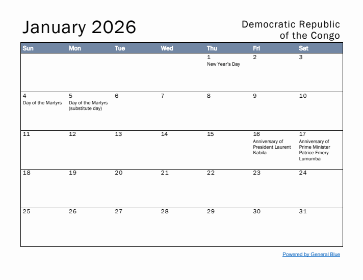January 2026 Simple Monthly Calendar for Democratic Republic of the Congo