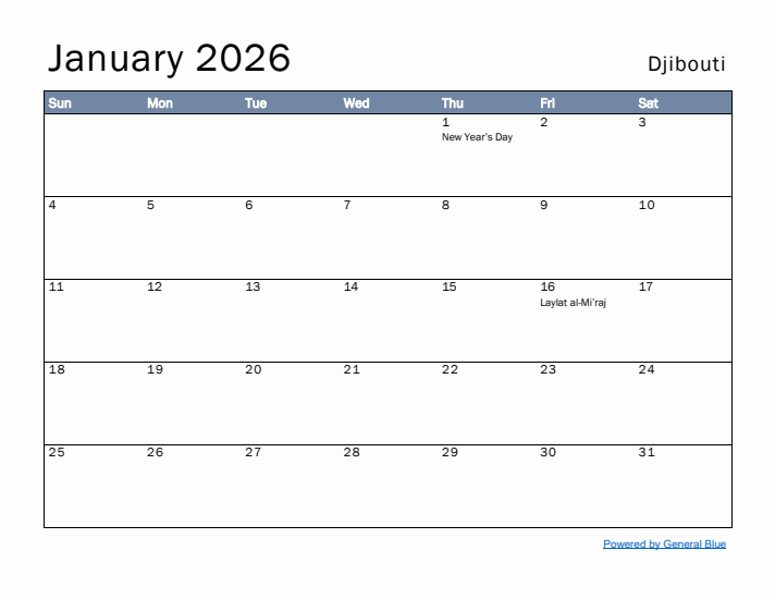 January 2026 Simple Monthly Calendar for Djibouti