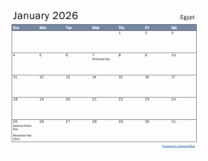 January 2026 Simple Monthly Calendar for Egypt