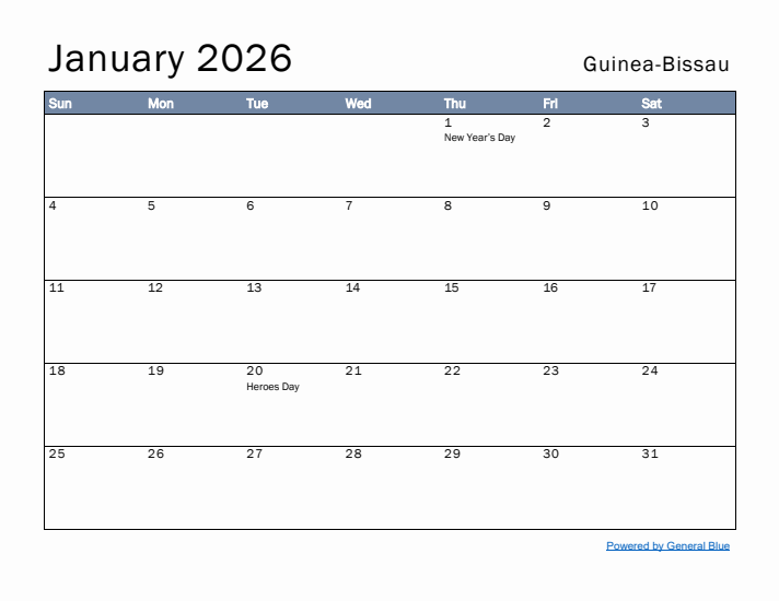 January 2026 Simple Monthly Calendar for Guinea-Bissau