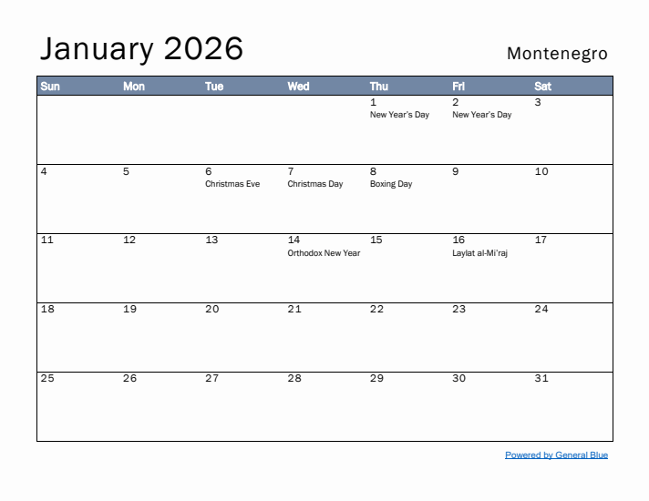 January 2026 Simple Monthly Calendar for Montenegro