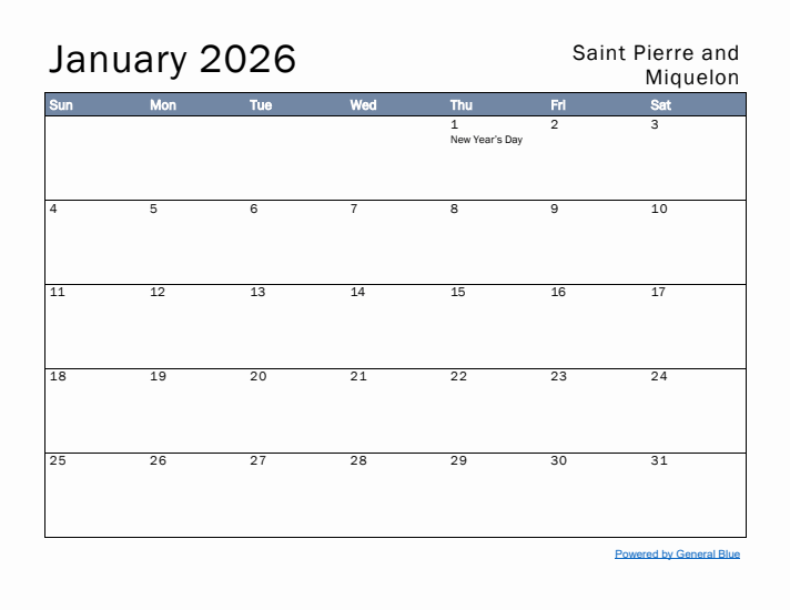 January 2026 Simple Monthly Calendar for Saint Pierre and Miquelon