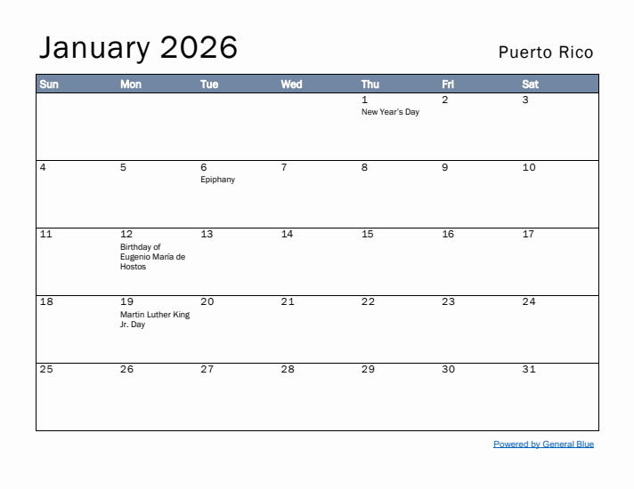 January 2026 Simple Monthly Calendar for Puerto Rico