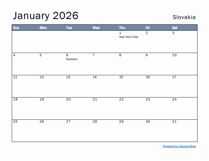 January 2026 Simple Monthly Calendar for Slovakia