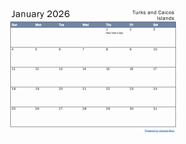 January 2026 Simple Monthly Calendar for Turks and Caicos Islands