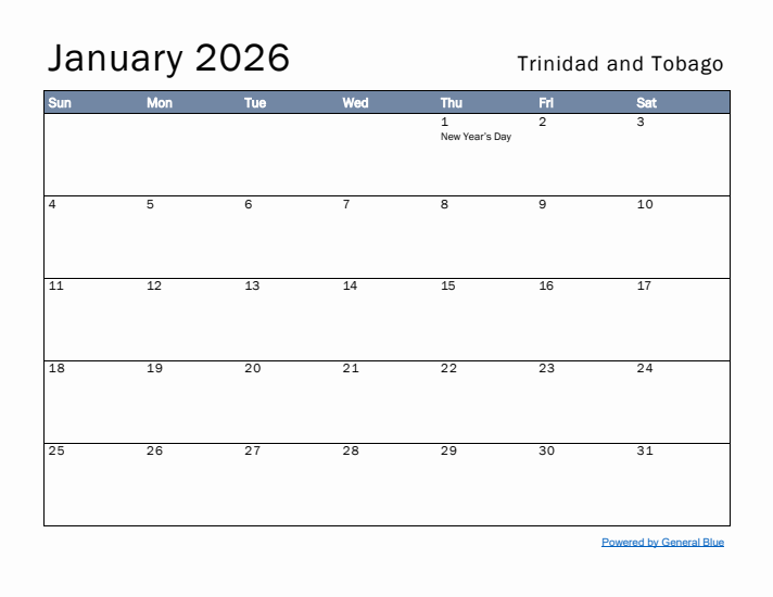January 2026 Simple Monthly Calendar for Trinidad and Tobago