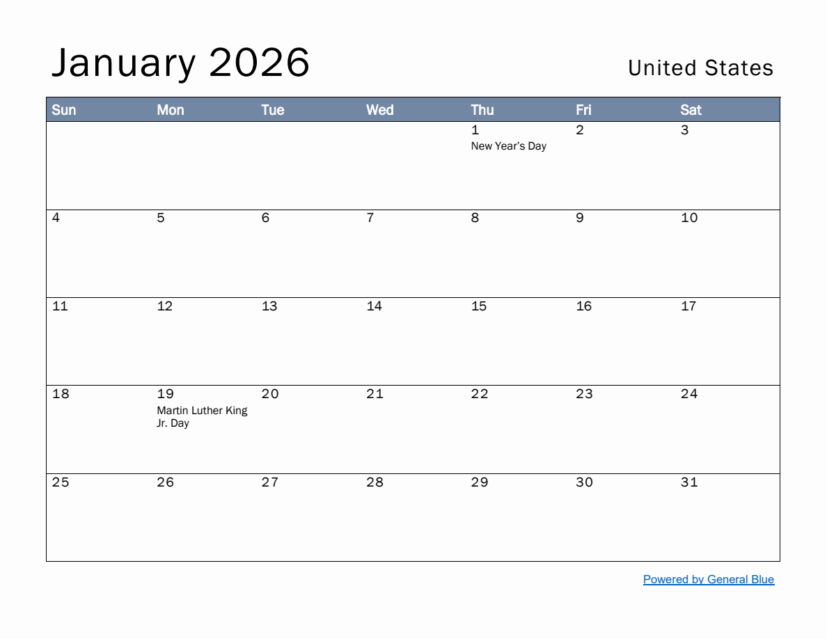 Free Monthly Calendar Template for January 2026 with United States Holidays