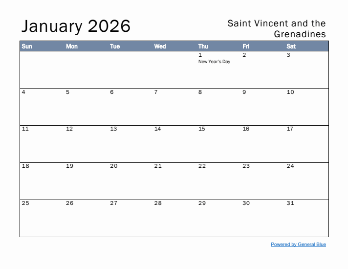 January 2026 Simple Monthly Calendar for Saint Vincent and the Grenadines