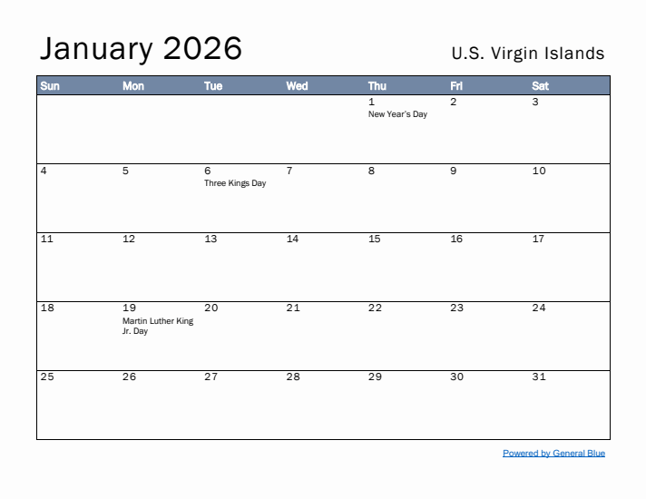 January 2026 Simple Monthly Calendar for U.S. Virgin Islands