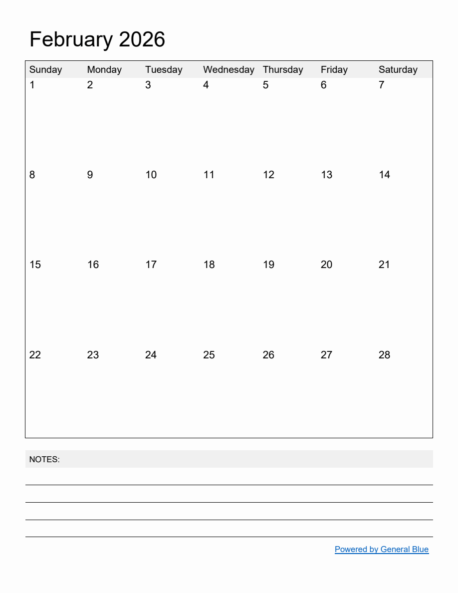 Free Printable Monthly Calendar for February 2026