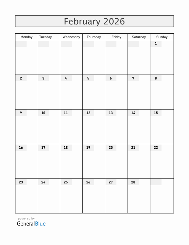 Blank February 2026 Calendar