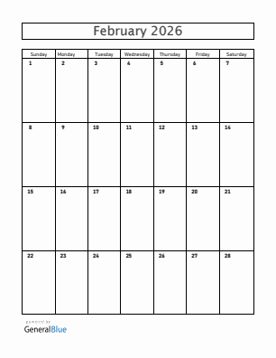 Next month calendar February 2026