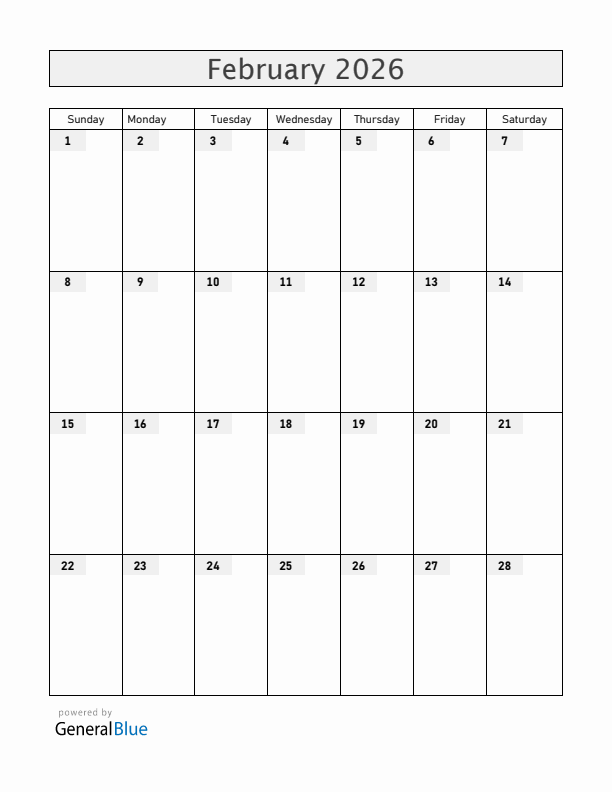 Blank February 2026 Calendar