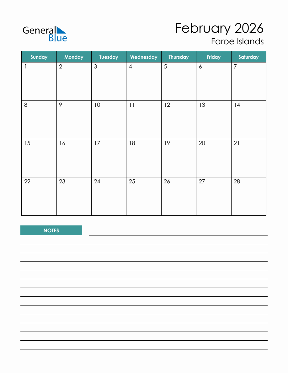 Monthly Planner with Faroe Islands Holidays - February 2026