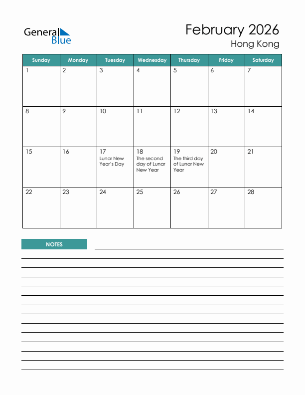 Calendar with Notes Printable - Sunday Start