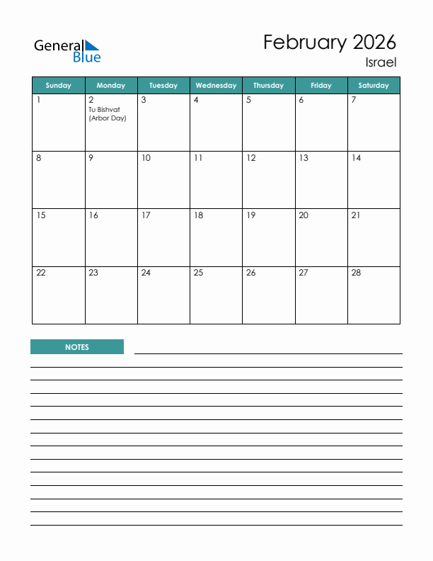 Calendar with Notes Printable - Sunday Start