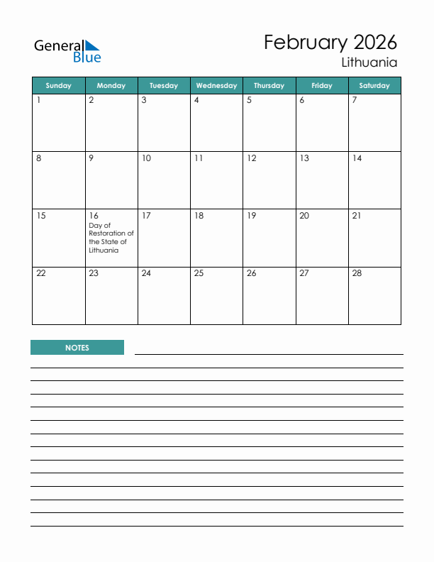 Calendar with Notes Printable - Sunday Start