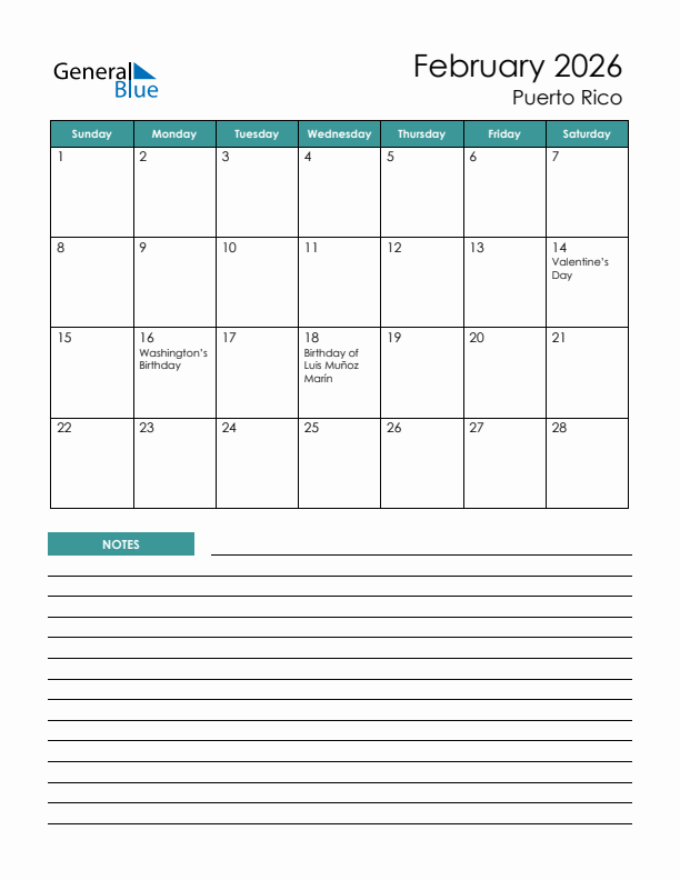 Calendar with Notes Printable - Sunday Start