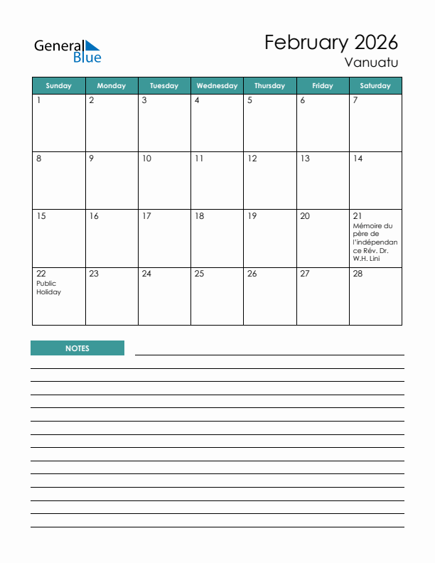 Calendar with Notes Printable - Sunday Start
