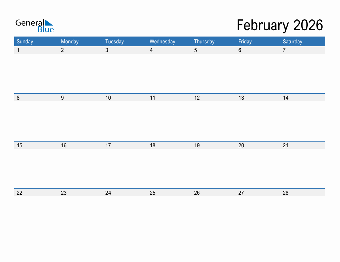 February 2026 monthly calendar (pdf, word, excel)