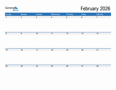 Current month calendar February 2026