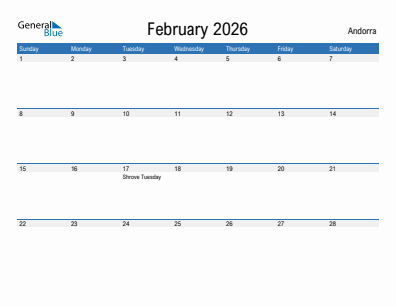 Current month calendar with Andorra holidays for February 2026