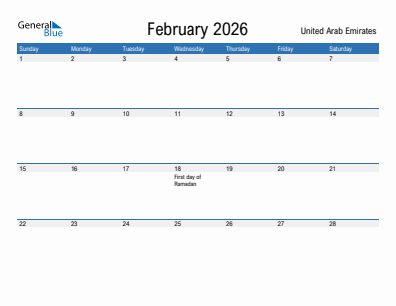 Current month calendar with United Arab Emirates holidays for February 2026