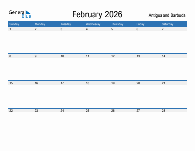 Current month calendar with Antigua and Barbuda holidays for February 2026
