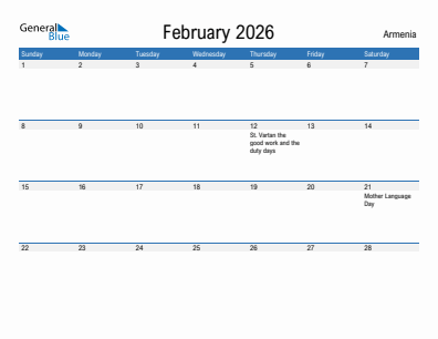 Current month calendar with Armenia holidays for February 2026