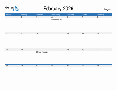 Current month calendar with Angola holidays for February 2026