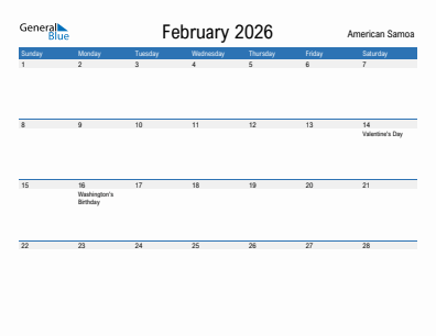 Current month calendar with American Samoa holidays for February 2026