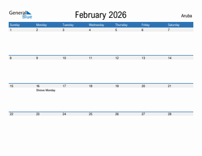 Current month calendar with Aruba holidays for February 2026