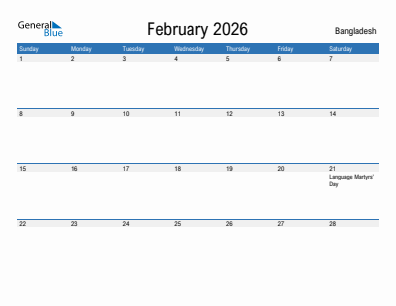 Current month calendar with Bangladesh holidays for February 2026
