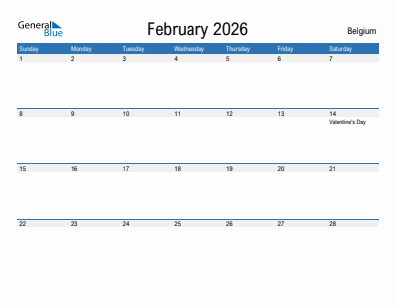 Current month calendar with Belgium holidays for February 2026