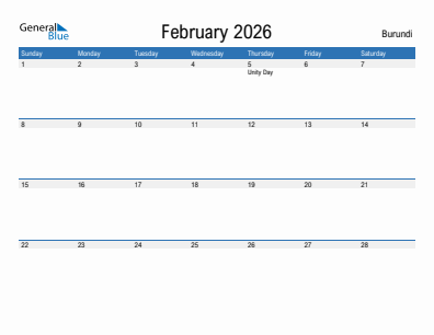 Current month calendar with Burundi holidays for February 2026